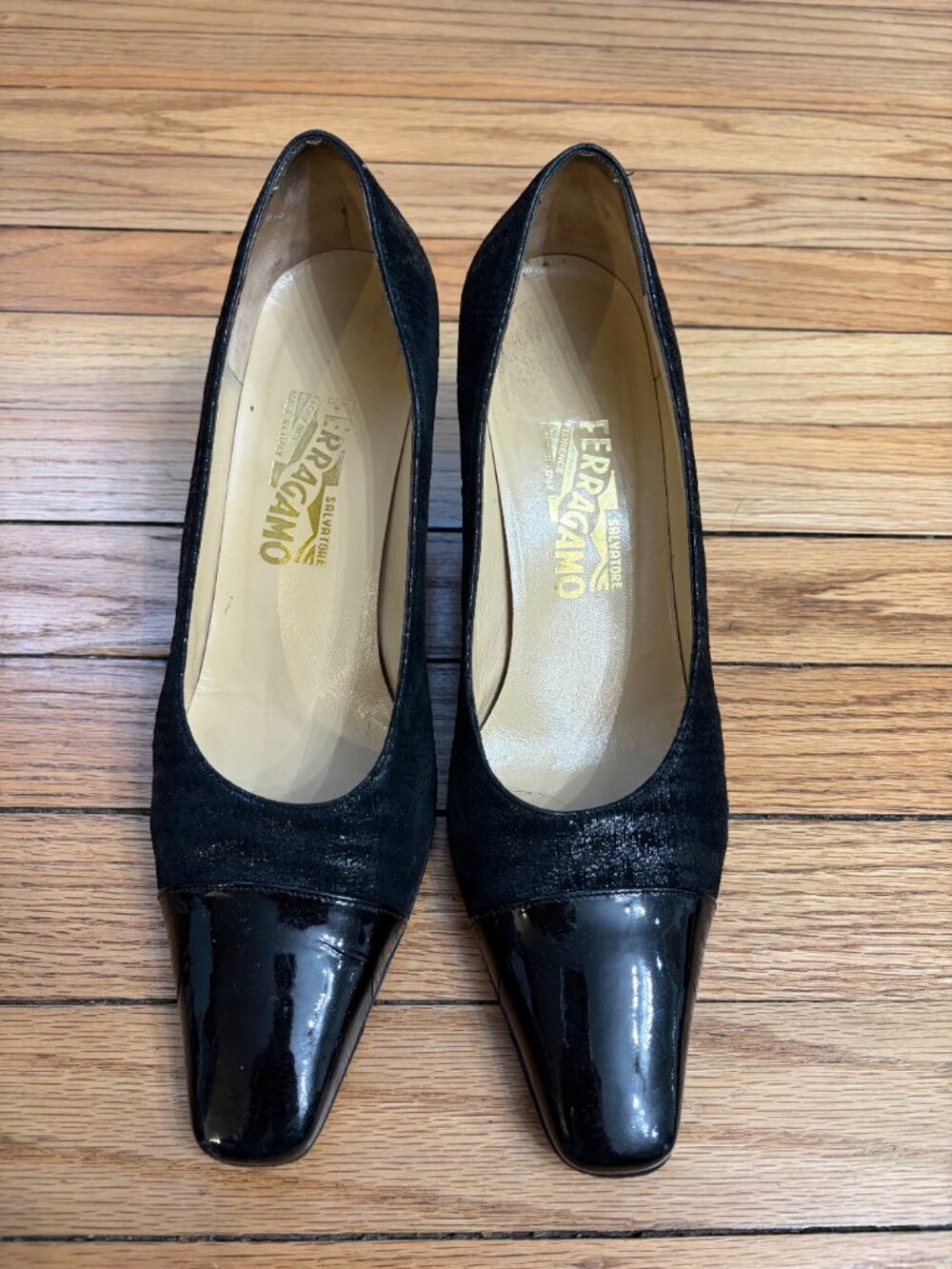 Salvatore Ferragamo "Shetland" Pumps · Black Suede + Patent · 10B